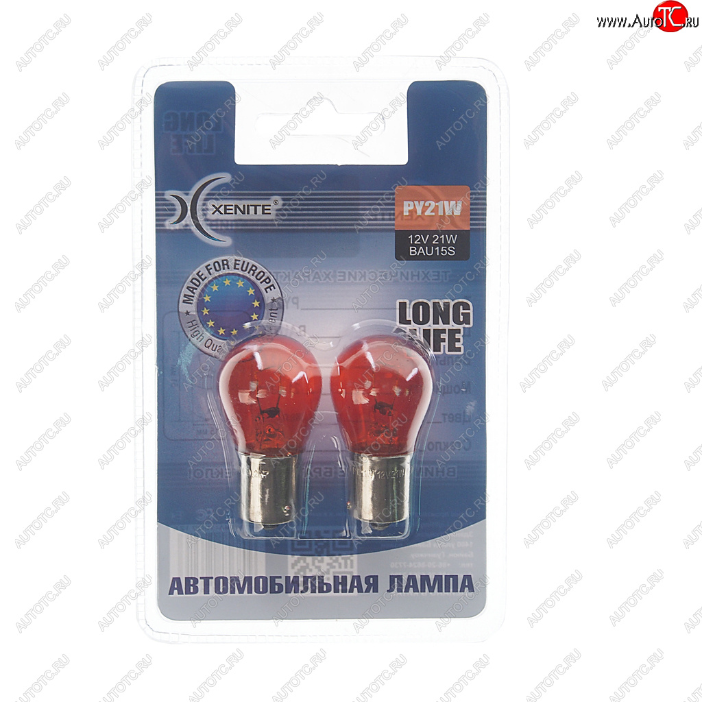 154 р. Лампа 12V PY21W BAU15s 3200К желтая блистер (2шт.) Long Life XENITE XENITE 1007125  с доставкой в г. Пермь