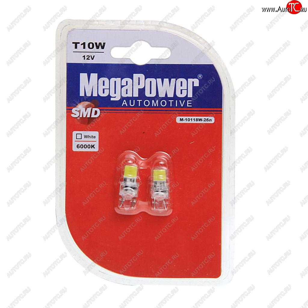 299 р. Лампа светодиодная 12V W5W T10 W2.1x9.5d 6000K 2 LED блистер (2шт.) MEGAPOWER MEGAPOWER-AUTOMOTIVE 10118w-2бл  с доставкой в г. Пермь