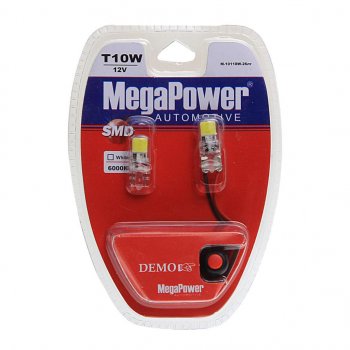 389 р. Лампа светодиодная 12V W5W T10 W2.1x9.5d 6000K 2 LED с тестером блистер (2шт.) MEGAPOWER MEGAPOWER-AUTOMOTIVE 10118w-2блт  с доставкой в г. Пермь. Увеличить фотографию 1