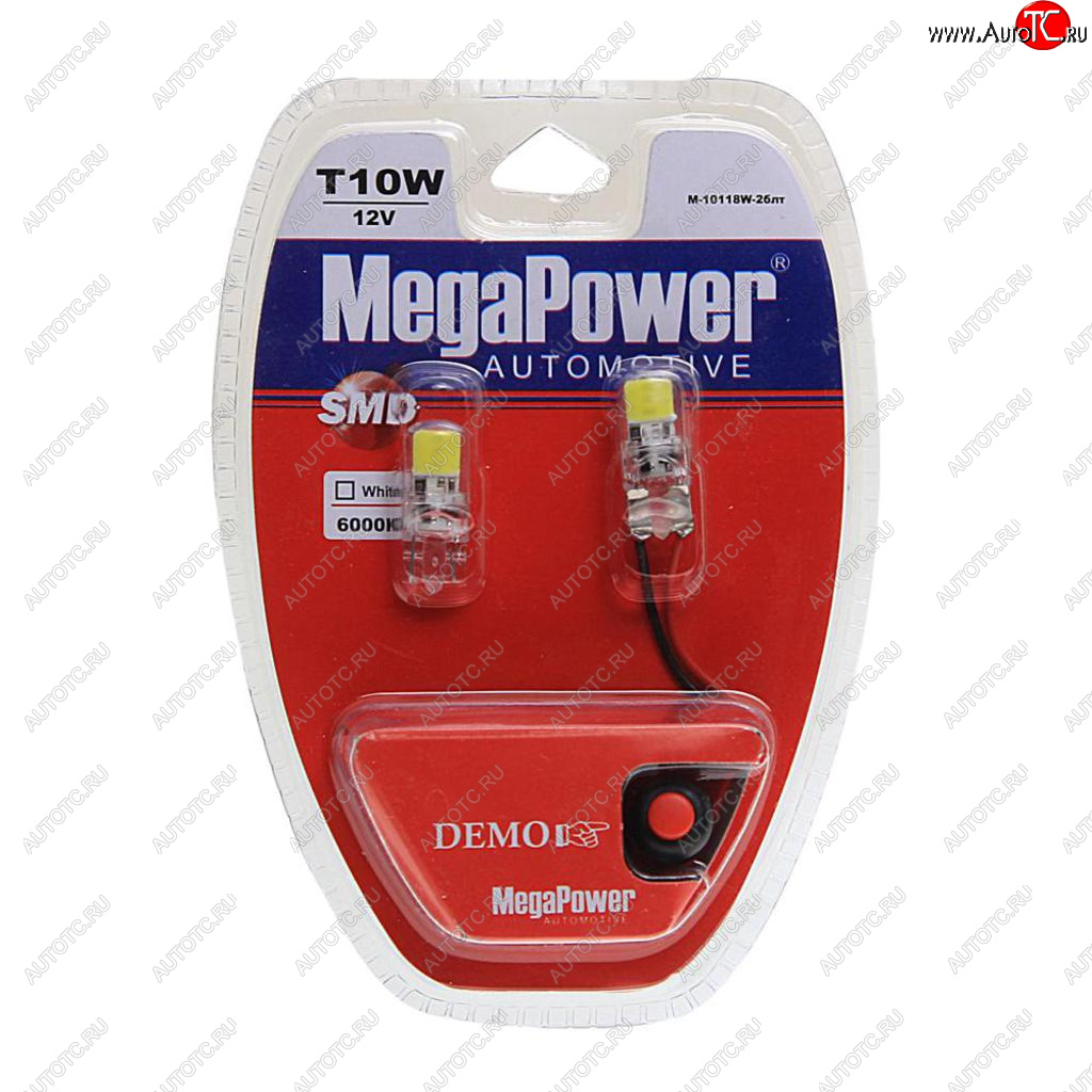 389 р. Лампа светодиодная 12V W5W T10 W2.1x9.5d 6000K 2 LED с тестером блистер (2шт.) MEGAPOWER MEGAPOWER-AUTOMOTIVE 10118w-2блт  с доставкой в г. Пермь