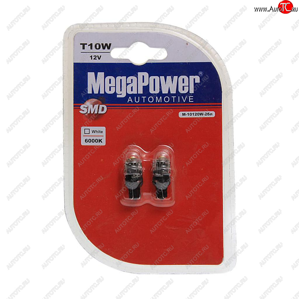 699 р. Лампа светодиодная 12V W5W T10 W2.1x9.5d 6000K блистер (2шт.) MEGAPOWER MEGAPOWER-AUTOMOTIVE 10120w-2бл  с доставкой в г. Пермь