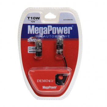 589 р. Лампа светодиодная 12V W5W T10 W2.1x9.5d 6000K с тестером блистер (2шт.) MEGAPOWER MEGAPOWER-AUTOMOTIVE 10120w-2блт  с доставкой в г. Пермь. Увеличить фотографию 1