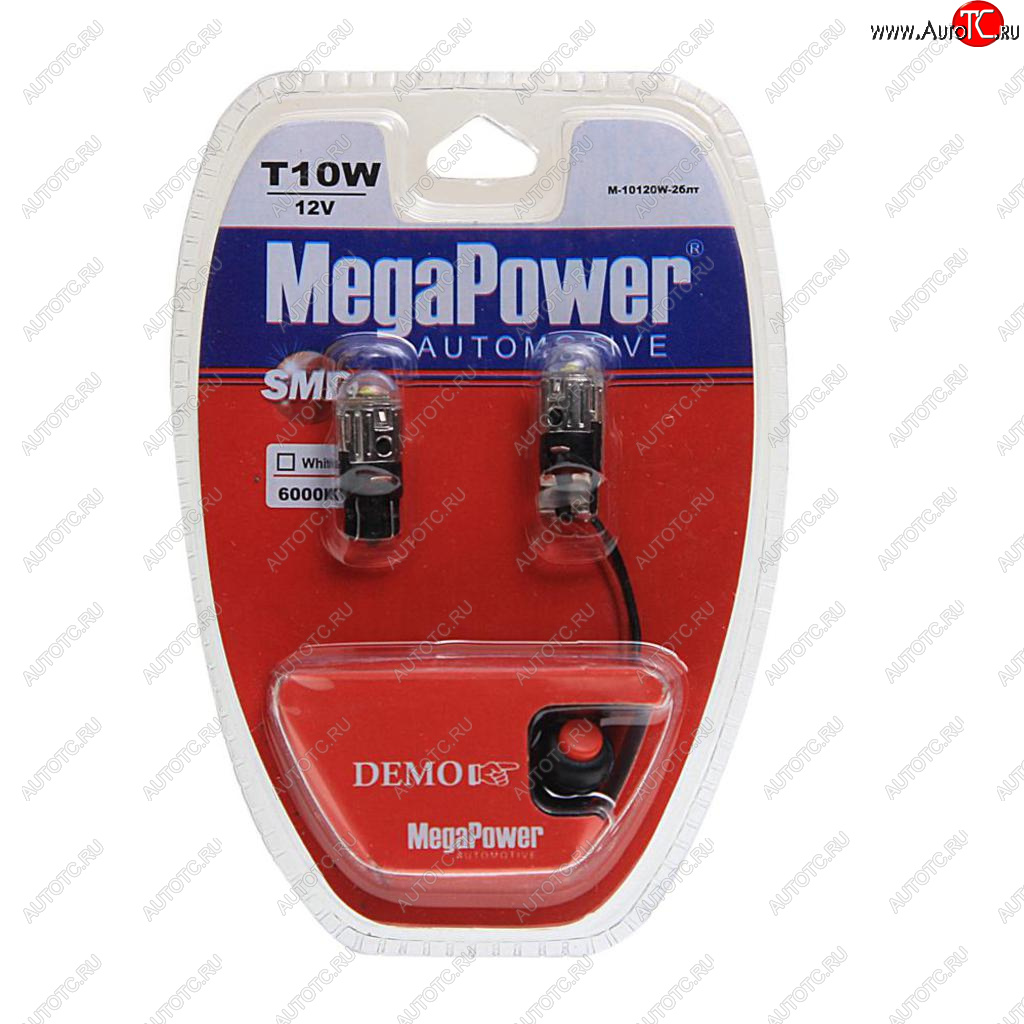 589 р. Лампа светодиодная 12V W5W T10 W2.1x9.5d 6000K с тестером блистер (2шт.) MEGAPOWER MEGAPOWER-AUTOMOTIVE 10120w-2блт  с доставкой в г. Пермь