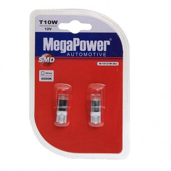 659 р. Лампа светодиодная 12V W5W T10 W2.1x9.5d 6000K блистер (2шт.) MEGAPOWER MEGAPOWER-AUTOMOTIVE 10121w-2бл  с доставкой в г. Пермь. Увеличить фотографию 1
