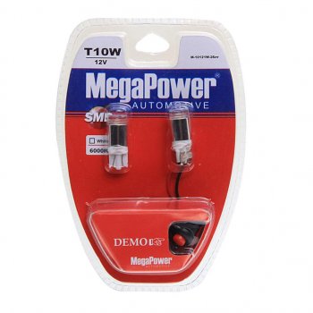 379 р. Лампа светодиодная 12V W5W T10 W2.1x9.5d 6000K с тестером блистер (2шт.) MEGAPOWER MEGAPOWER-AUTOMOTIVE 10121w-2блт  с доставкой в г. Пермь. Увеличить фотографию 1