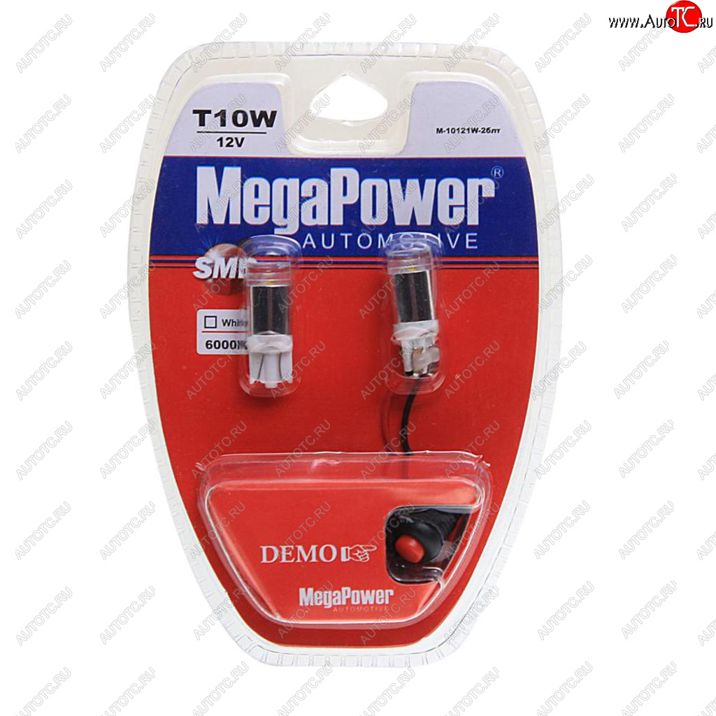 379 р. Лампа светодиодная 12V W5W T10 W2.1x9.5d 6000K с тестером блистер (2шт.) MEGAPOWER MEGAPOWER-AUTOMOTIVE 10121w-2блт  с доставкой в г. Пермь