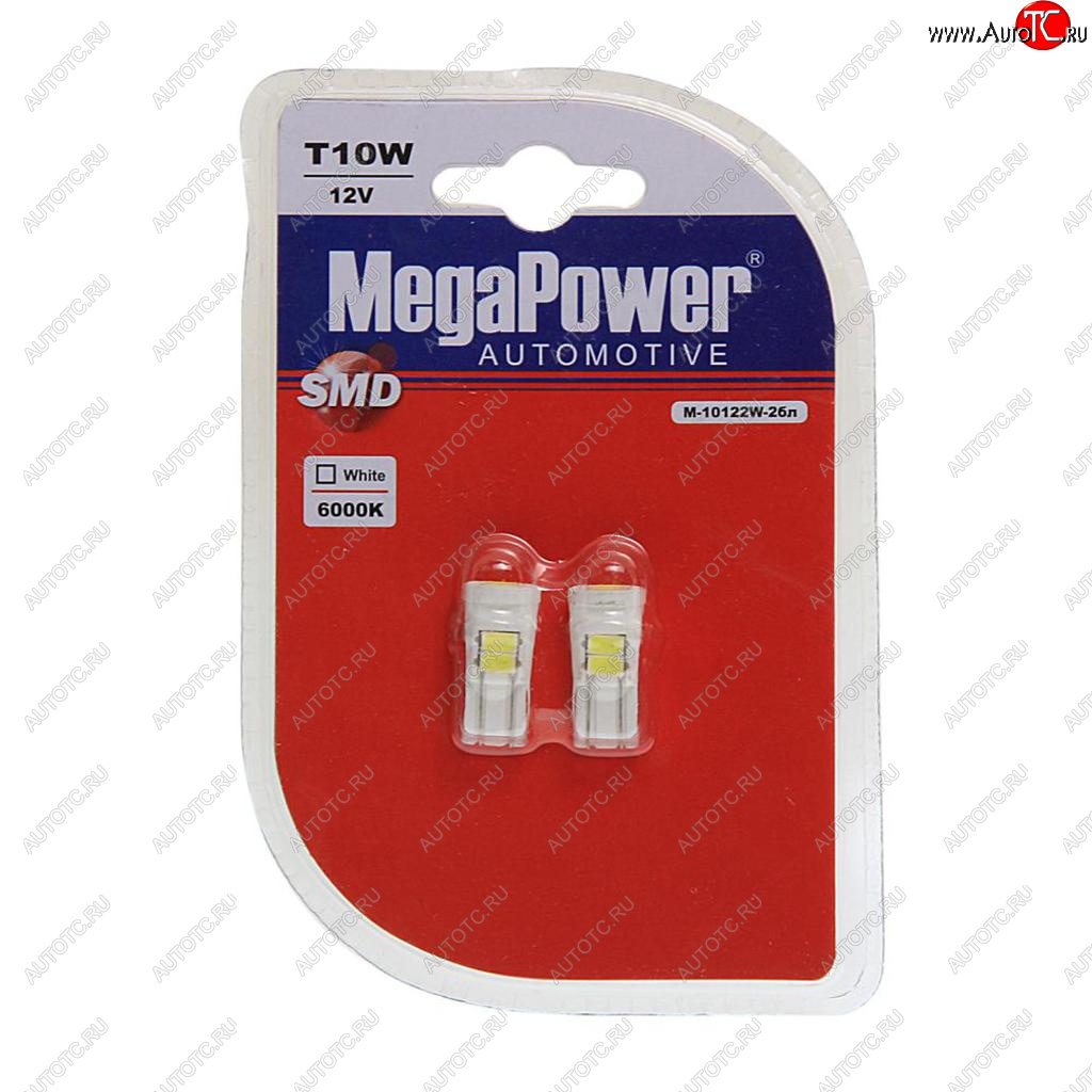164 р. Лампа светодиодная 12V W5W T10 W2.1x9.5d 6000K 6 LED блистер (2шт.) MEGAPOWER MEGAPOWER-AUTOMOTIVE 10122w-2бл  с доставкой в г. Пермь
