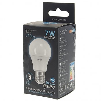 154 р. Лампа светодиодная E27 A60 7W (60W) 220V холодный GAUSS GAUSS 102502207  с доставкой в г. Пермь. Увеличить фотографию 2