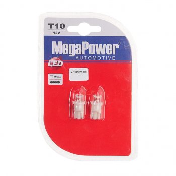 42 р. Лампа светодиодная 12V W5W T10 W2.1x9.5d 6000K блистер (2шт.) MEGAPOWER MEGAPOWER-AUTOMOTIVE 10312w-2бл  с доставкой в г. Пермь. Увеличить фотографию 1