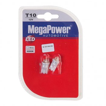 95 р. Лампа светодиодная 12V W5W T10 W2.1x9.5d 6000K 4 LED блистер (2шт.) MEGAPOWER MEGAPOWER-AUTOMOTIVE 10313w-2бл  с доставкой в г. Пермь. Увеличить фотографию 1