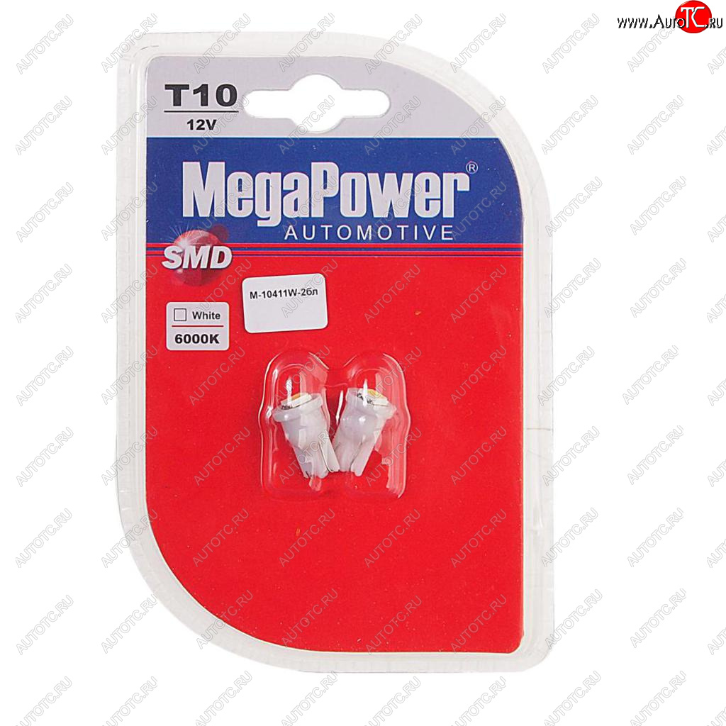 61 р. Лампа светодиодная 12V W5W T10 W2.1x9.5d 6000K блистер (2шт.) MEGAPOWER MEGAPOWER-AUTOMOTIVE 10411w-2бл  с доставкой в г. Пермь