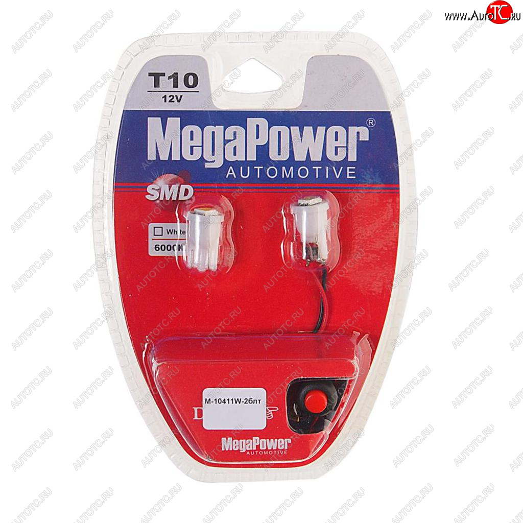 139 р. Лампа светодиодная 12V W5W T10 W2.1x9.5d 6000K с тестером блистер (2шт.) MEGAPOWER MEGAPOWER-AUTOMOTIVE 10411w-2блт  с доставкой в г. Пермь