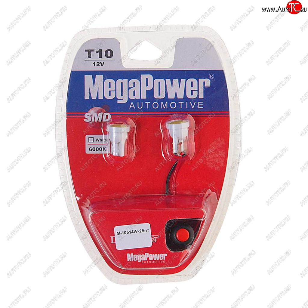 299 р. Лампа светодиодная 12V W5W T10 W2.1x9.5d 6000K с тестером блистер (2шт.) MEGAPOWER MEGAPOWER-AUTOMOTIVE 10514w-2блт  с доставкой в г. Пермь