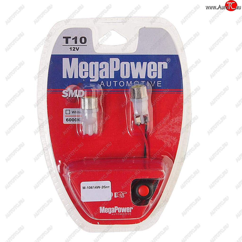 299 р. Лампа светодиодная 12V W5W T10 W2.1x9.5d 6000K с тестером блистер (2шт.) MEGAPOWER MEGAPOWER-AUTOMOTIVE 10614w-2блт  с доставкой в г. Пермь