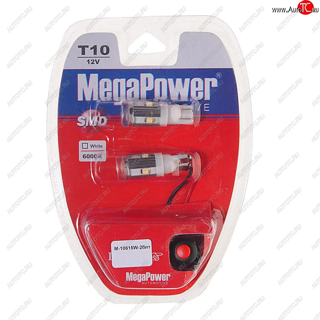 379 р. Лампа светодиодная 12V W5W T10 W2.1x9.5d 6000K 5 LED с тестером блистер (2шт.) MEGAPOWER MEGAPOWER-AUTOMOTIVE 10615w-2блт  с доставкой в г. Пермь