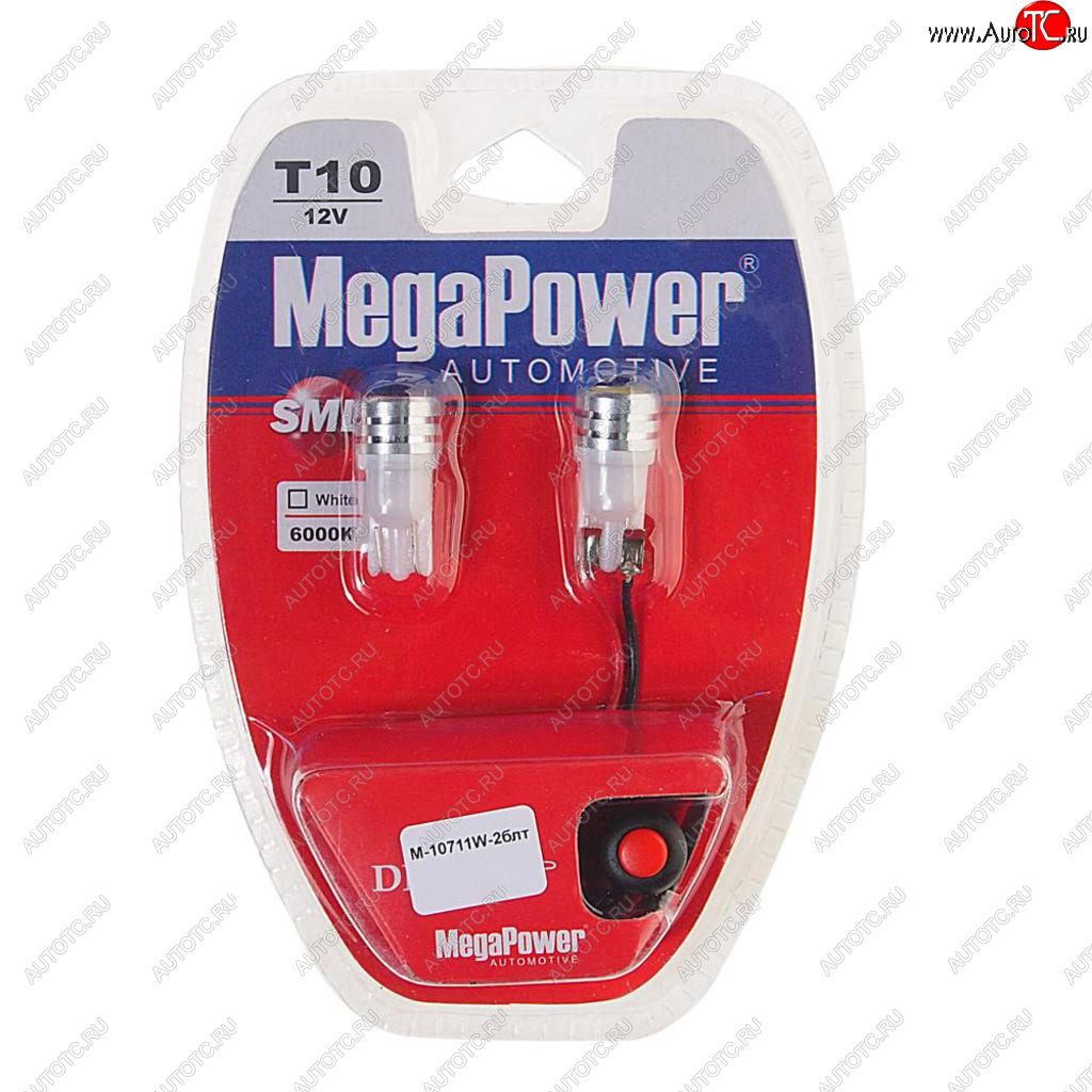 459 р. Лампа светодиодная 12V W5W T10 W2.1x9.5d 6000K с тестером блистер (2шт.) MEGAPOWER MEGAPOWER-AUTOMOTIVE 10711w-2блт  с доставкой в г. Пермь