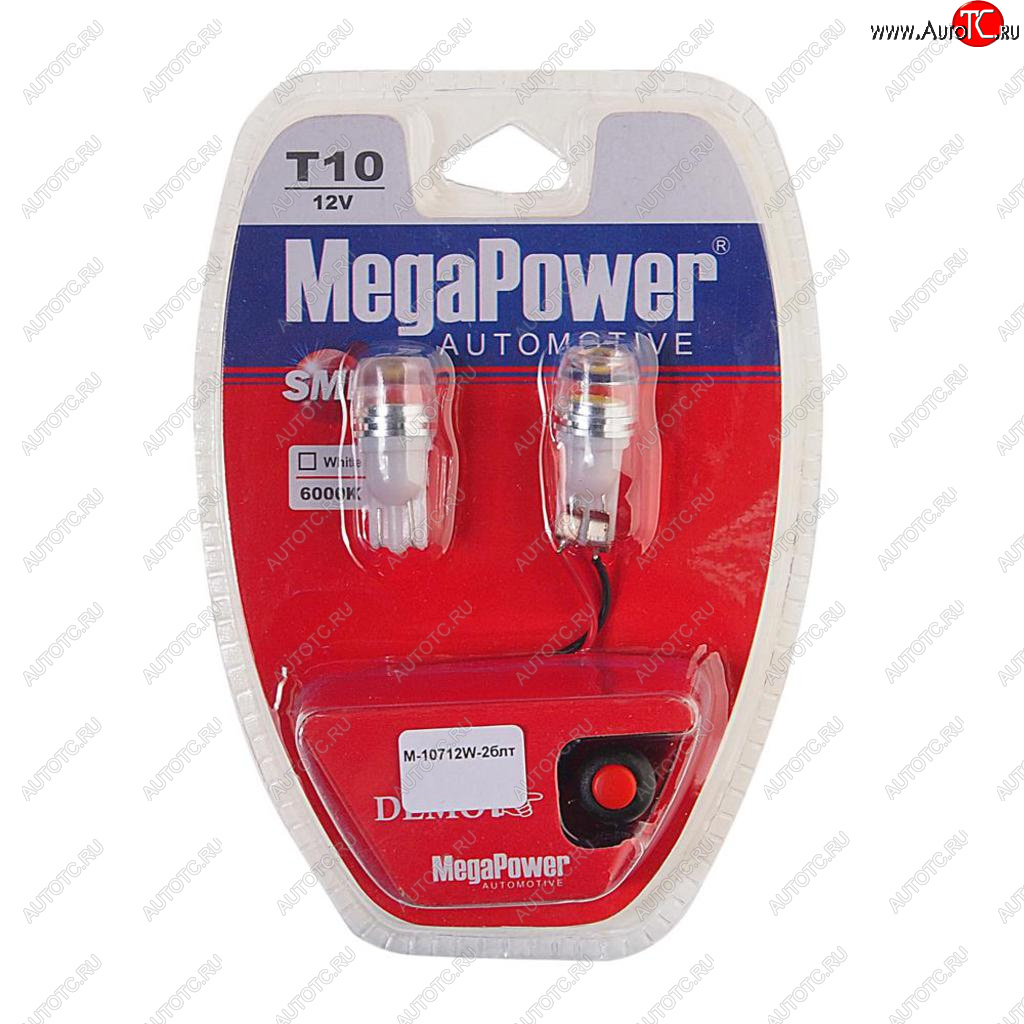 459 р. Лампа светодиодная 12V W5W T10 W2.1x9.5d 6000K с тестером блистер (2шт.) MEGAPOWER MEGAPOWER-AUTOMOTIVE 10712w-2блт  с доставкой в г. Пермь
