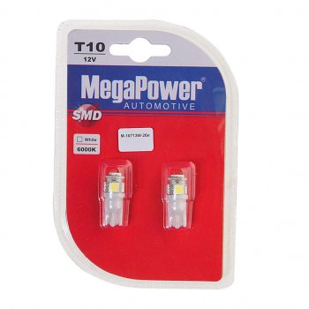 146 р. Лампа светодиодная 12V W5W T10 W2.1x9.5d 6000K 4 LED блистер (2шт.) MEGAPOWER MEGAPOWER-AUTOMOTIVE 10713w-2бл  с доставкой в г. Пермь. Увеличить фотографию 1