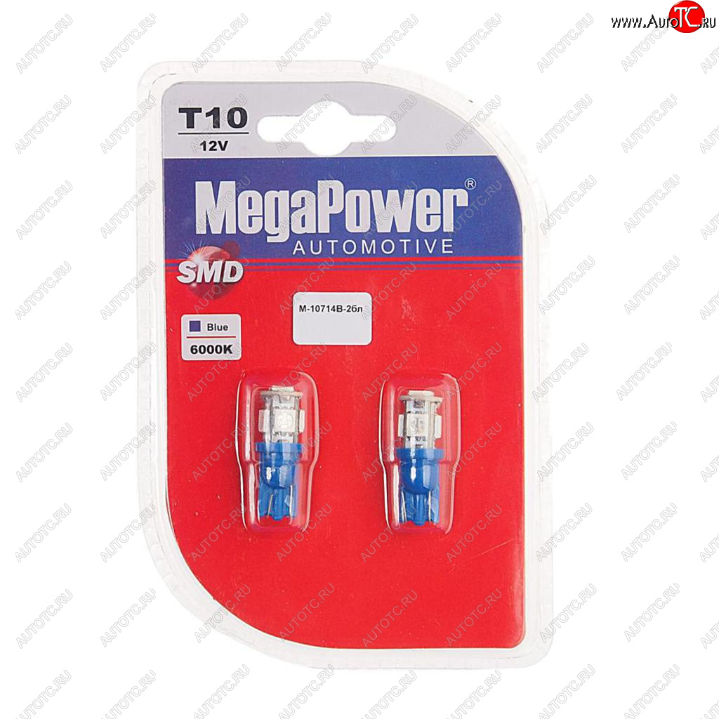 136 р. Лампа светодиодная 12V W5W T10 W2.1x9.5d 5 LED блистер (2шт.) Blue MEGAPOWER MEGAPOWER-AUTOMOTIVE 10714b-2бл  с доставкой в г. Пермь