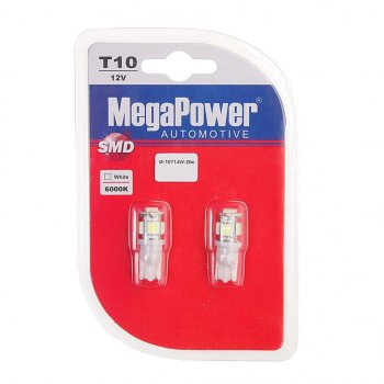146 р. Лампа светодиодная 12V W5W T10 W2.1x9.5d 6000K 5 LED блистер (2шт.) MEGAPOWER MEGAPOWER-AUTOMOTIVE 10714w-2бл  с доставкой в г. Пермь. Увеличить фотографию 1