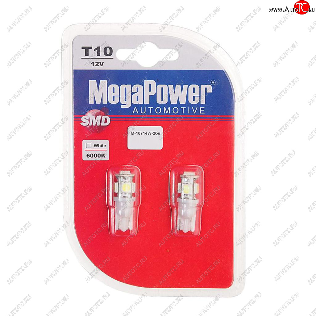 146 р. Лампа светодиодная 12V W5W T10 W2.1x9.5d 6000K 5 LED блистер (2шт.) MEGAPOWER MEGAPOWER-AUTOMOTIVE 10714w-2бл  с доставкой в г. Пермь