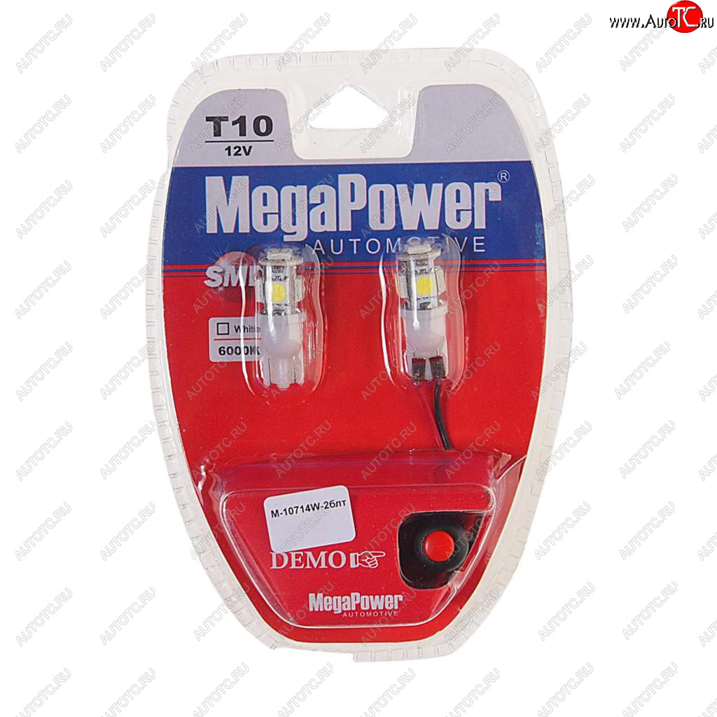 243 р. Лампа светодиодная 12V W5W T10 W2.1x9.5d 6000K 5 LED с тестером блистер (2шт.) MEGAPOWER MEGAPOWER-AUTOMOTIVE 10714w-2блт  с доставкой в г. Пермь