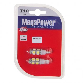 253 р. Лампа светодиодная 12V W5W T10 W2.1x9.5d 6000K 9 LED блистер (2шт.) MEGAPOWER MEGAPOWER-AUTOMOTIVE 10715w-2бл  с доставкой в г. Пермь. Увеличить фотографию 1
