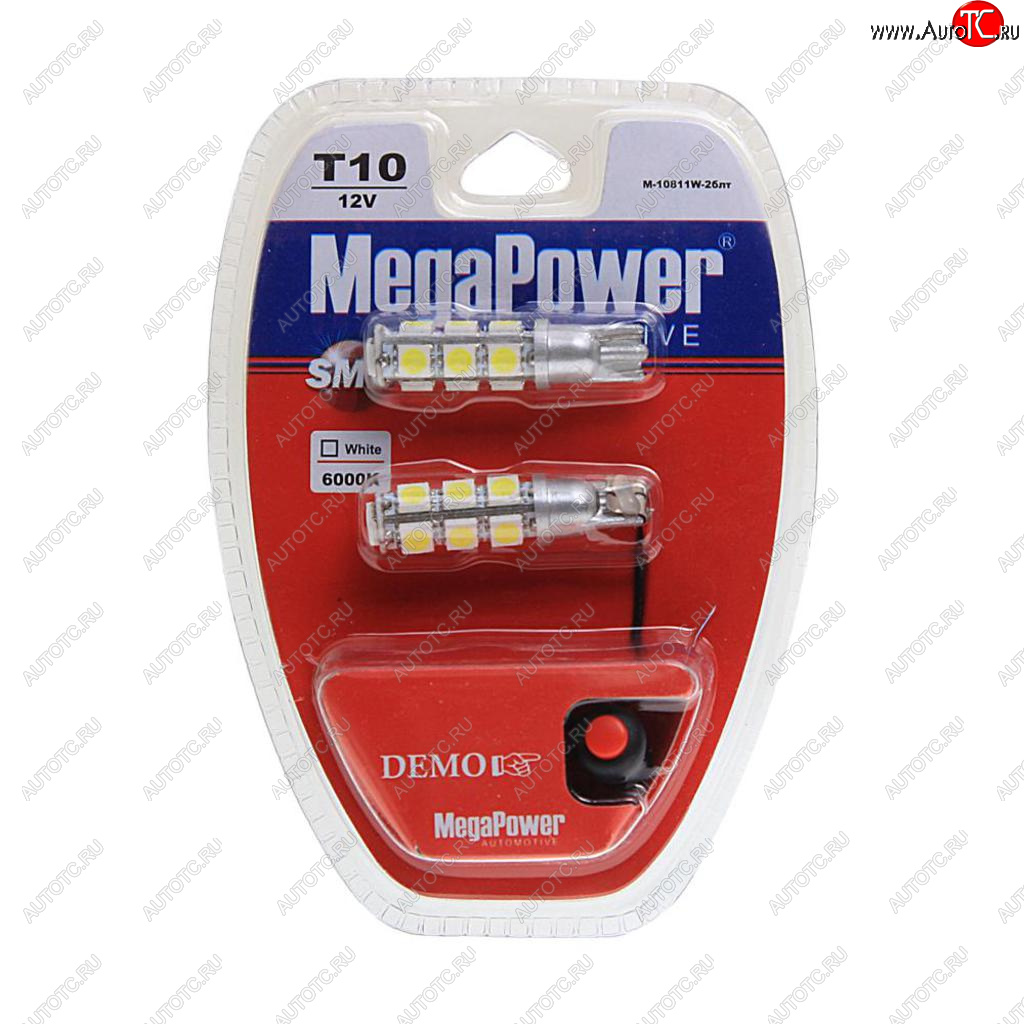 419 р. Лампа светодиодная 12V W5W T10 W2.1x9.5d 6000K 13 LED с тестером блистер (2шт.) MEGAPOWER MEGAPOWER-AUTOMOTIVE 10811w-2блт  с доставкой в г. Пермь
