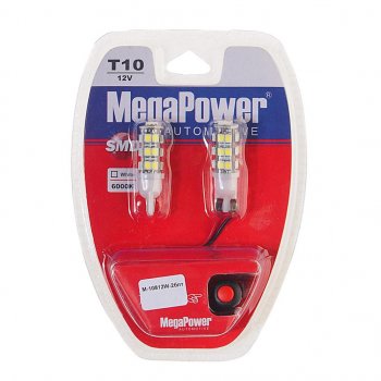 349 р. Лампа светодиодная 12V W5W T10 W2.1x9.5d 6000K 25 LED с тестером блистер (2шт.)MEGAPOWER MEGAPOWER-AUTOMOTIVE 10812w-2блт  с доставкой в г. Пермь. Увеличить фотографию 1