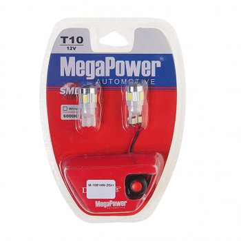 739 р. Лампа светодиодная 12V W5W T10 W2.1x9.5d 6000K 6 LED с тестером блистер (2шт.) MEGAPOWER MEGAPOWER-AUTOMOTIVE 10814w-2блт  с доставкой в г. Пермь. Увеличить фотографию 1