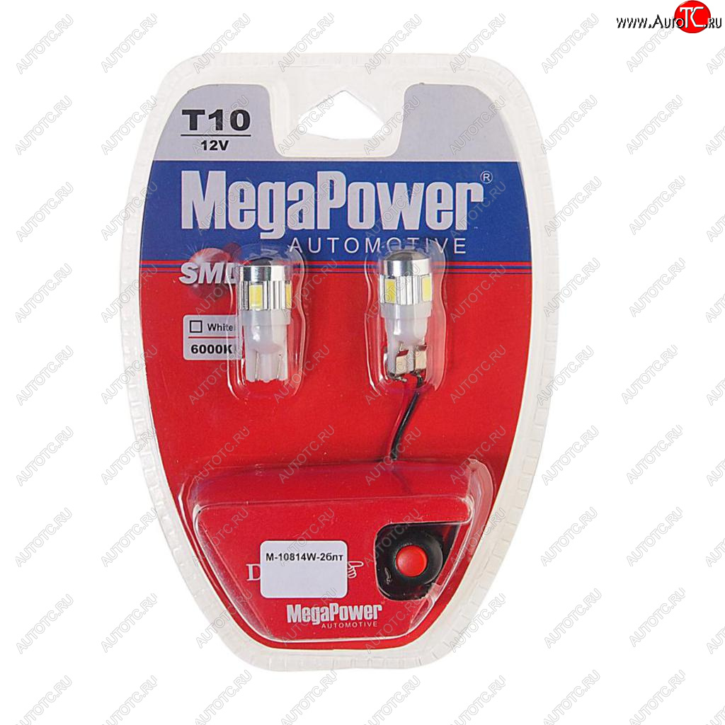 739 р. Лампа светодиодная 12V W5W T10 W2.1x9.5d 6000K 6 LED с тестером блистер (2шт.) MEGAPOWER MEGAPOWER-AUTOMOTIVE 10814w-2блт  с доставкой в г. Пермь