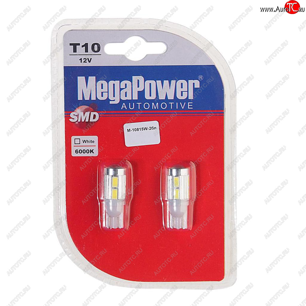 589 р. Лампа светодиодная 12V W5W T10 W2.1x9.5d 6000K 10 LED блистер (2шт.) MEGAPOWER MEGAPOWER-AUTOMOTIVE 10815w-2бл  с доставкой в г. Пермь