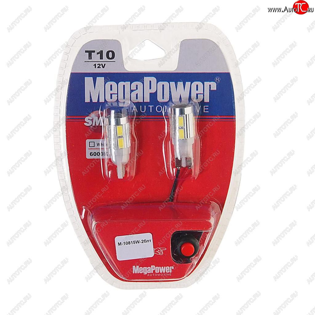 699 р. Лампа светодиодная 12V W5W T10 W2.1x9.5d 6000K 10 LED с тестером блистер (2шт.) MEGAPOWER MEGAPOWER-AUTOMOTIVE 10815w-2блт  с доставкой в г. Пермь