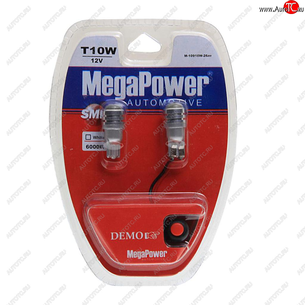479 р. Лампа светодиодная 12V W5W T10 W2.1x9.5d 6000K с тестером блистер (2шт.) MEGAPOWER MEGAPOWER-AUTOMOTIVE 10916w-2блт  с доставкой в г. Пермь
