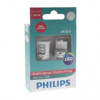 1 699 р. Лампа светодиодная 12V W21W W3-16q бесцокольная (2шт.) Led Red Ultinon PHILIPS PHILIPS 11065ulrx2  с доставкой в г. Пермь. Увеличить фотографию 1