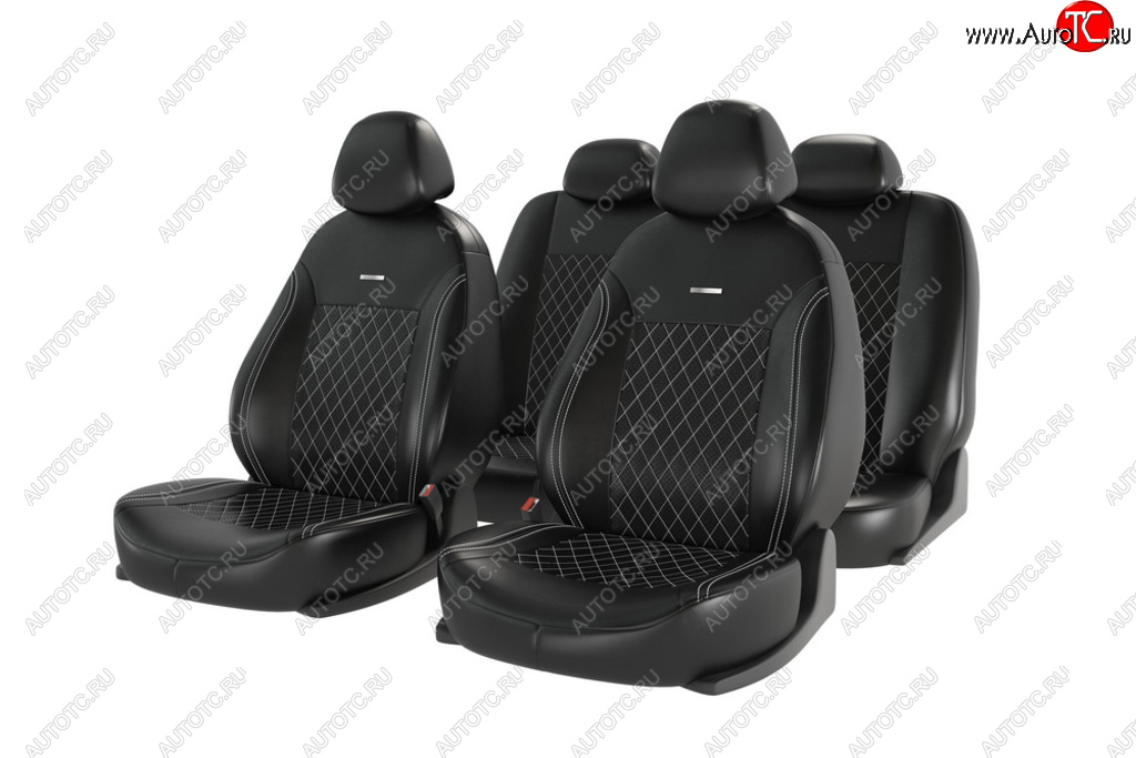 5 099 р. Универсальные чехлы сидений (майка, 11 предм., экокожа) Atom Leather CARFASHION   (черные белая строчка)  с доставкой в г. Пермь