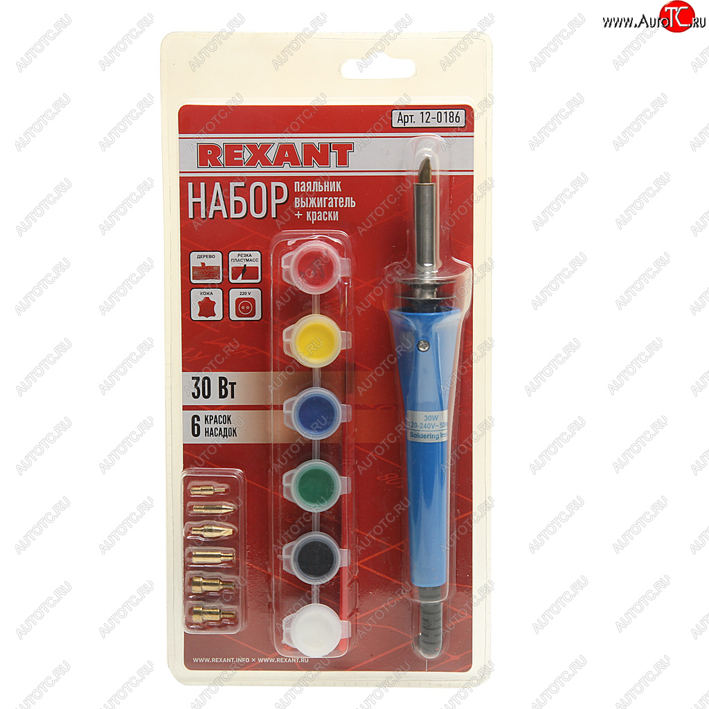 679 р. Паяльник 30Вт220В выжигатель по дереву (6 насадок,краски) REXANT REXANT 12-0186  с доставкой в г. Пермь
