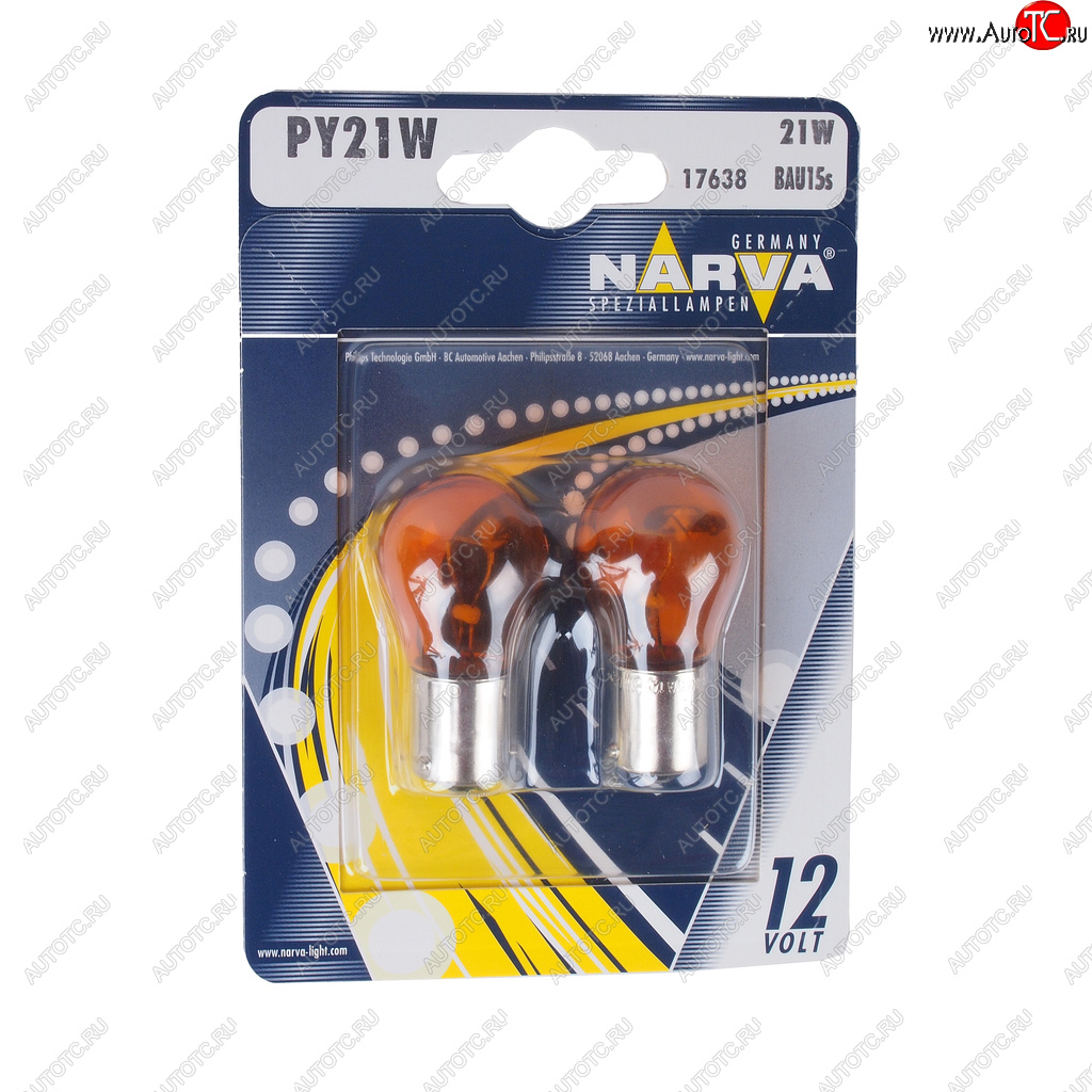 220 р. Лампа 12V PY21W BAU15s желтая блистер (2шт.) NARVA NARVA 176384000  с доставкой в г. Пермь