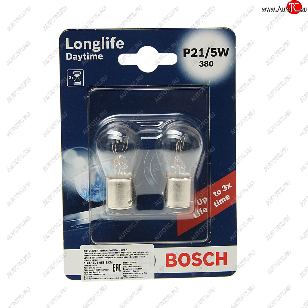 220 р. Лампа 12V P215W BAY15d блистер (2шт.) Longlife Daytime BOSCH BOSCH 1987301055  с доставкой в г. Пермь