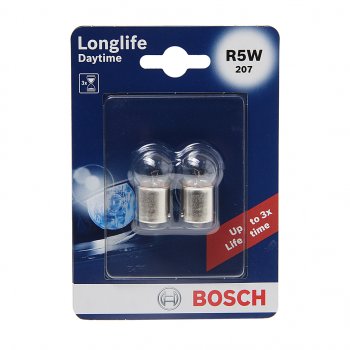 186 р. Лампа 12V R5W BA15s блистер (2шт.) Longlife Daytime BOSCH BOSCH 1987301058  с доставкой в г. Пермь. Увеличить фотографию 1