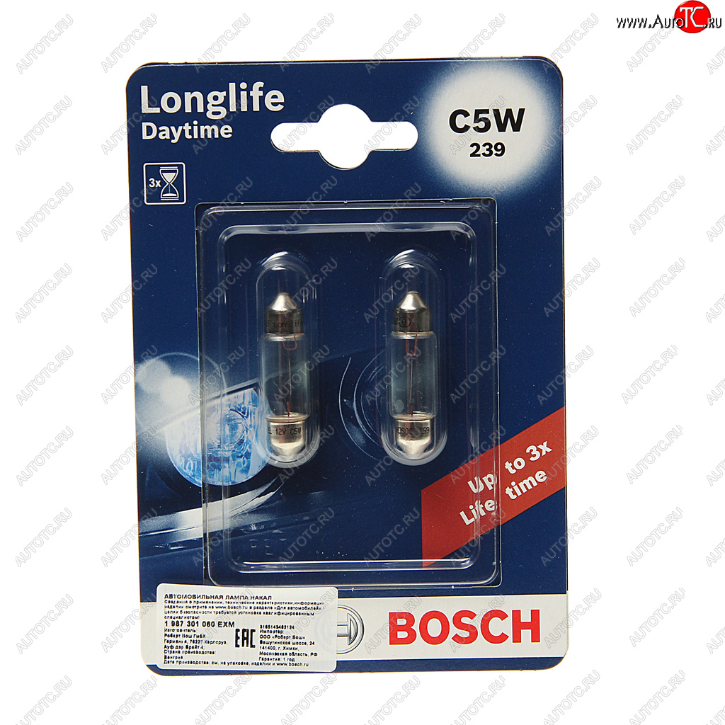 151 р. Лампа 12V C5W SV8.5-8 (2шт.) Longlife Daytime BOSCH BOSCH 1987301060  с доставкой в г. Пермь