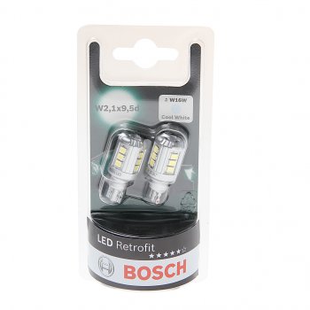 1 899 р. Лампа светодиодная 12V W16W W2.1x9.5d 6000K блистер (2шт.) Retrofit BOSCH BOSCH 1987301523  с доставкой в г. Пермь. Увеличить фотографию 1