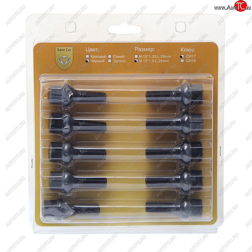 2 579 р. Болт колеса М12х1.50х28 конус под ключ 17мм черный 20шт. SAVE CAR SAVE CAR 201055  с доставкой в г. Пермь