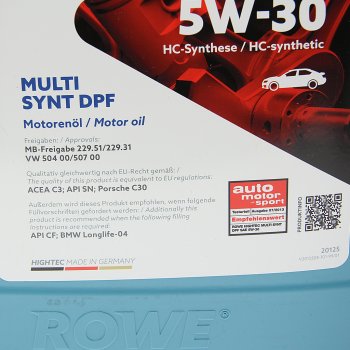 7 999 р. Масло моторное HIGHTEC MULTI SYNT DPF SPC3 5W30 синт.4л ROWE ROWE 20125-0040-99  с доставкой в г. Пермь. Увеличить фотографию 2