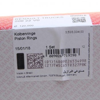 4 099 р. Кольца поршневые MAN TGA дв.D2066 d=120.00 (на 1 поршень) MAHLE MAHLE 20922v0  с доставкой в г. Пермь. Увеличить фотографию 4
