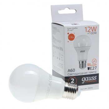 127 р. Лампа светодиодная E27 A60 12W(100W) 220V теплый GAUSS GAUSS 23212  с доставкой в г. Пермь. Увеличить фотографию 1