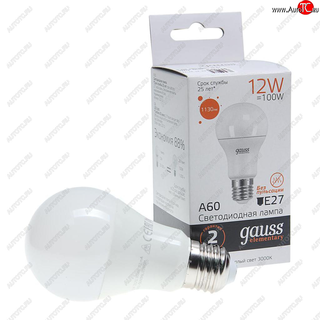 127 р. Лампа светодиодная E27 A60 12W(100W) 220V теплый GAUSS GAUSS 23212  с доставкой в г. Пермь
