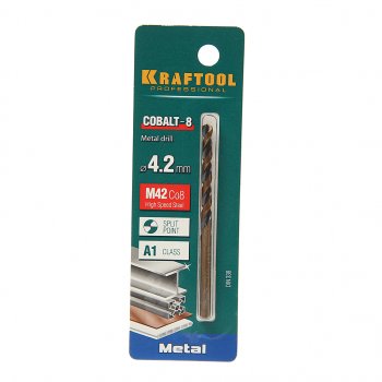 167 р. Сверло по металлу 4.2х75мм HSS Cobalt KRAFTOOL KRAFTOOL 29656-4.2  с доставкой в г. Пермь. Увеличить фотографию 1