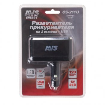 669 р. Разветвитель прикуривателя 2-х гнездовой 12-24V 1USB AVS AVS 43254  с доставкой в г. Пермь. Увеличить фотографию 1