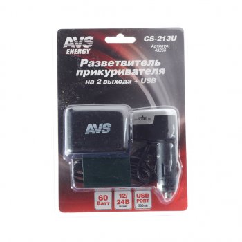549 р. Разветвитель прикуривателя 2-х гнездовой 12-24V 1USB AVS AVS 43256  с доставкой в г. Пермь. Увеличить фотографию 1